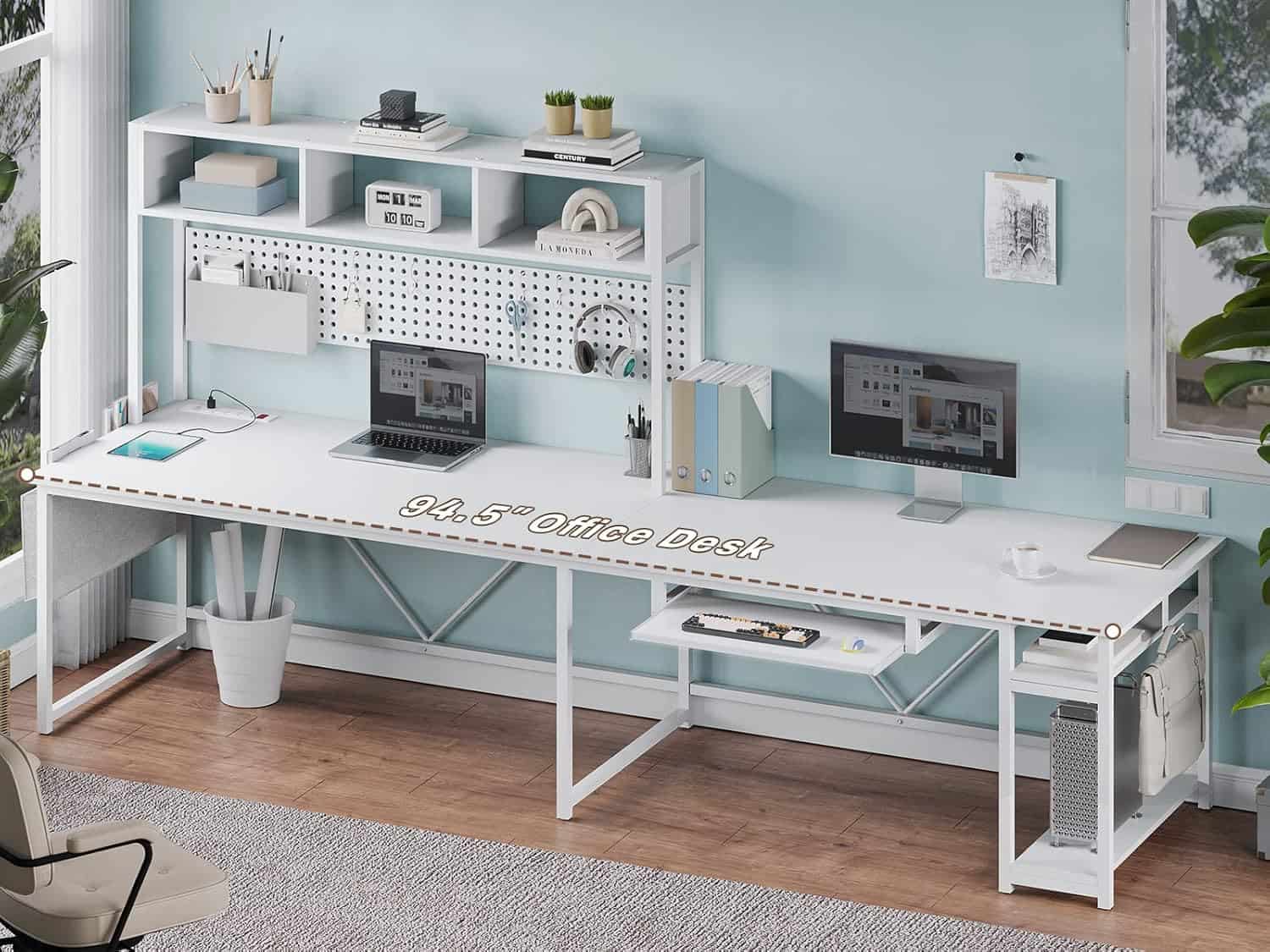 SEDETA White L Shaped Gaming Desk with LED