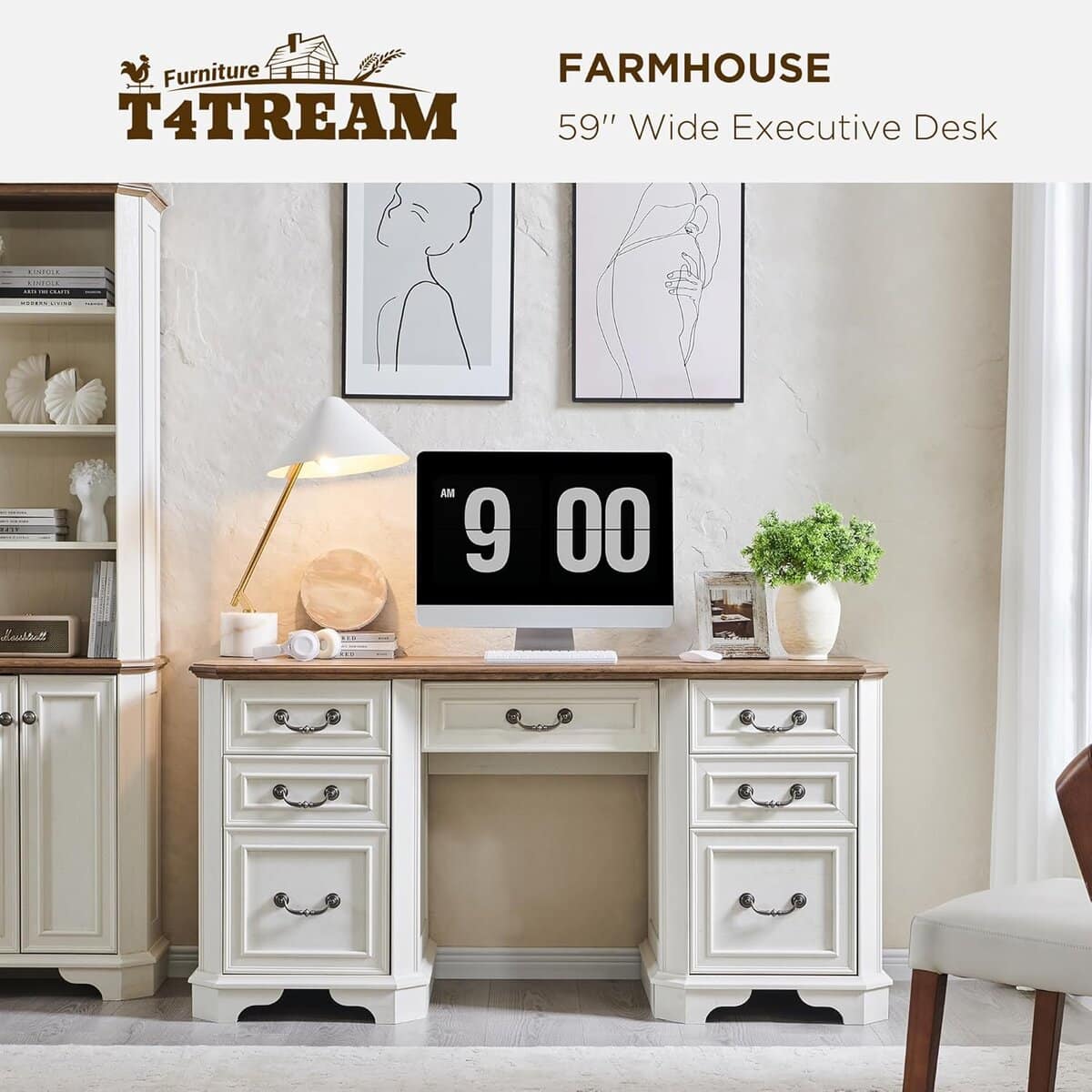 T4TREAM 59" Farmhouse Executive Desk with Drawers