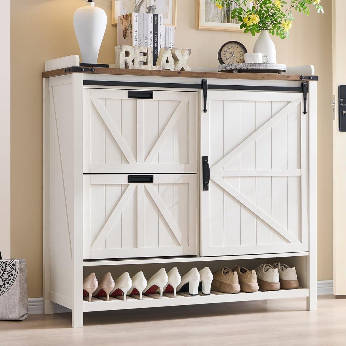 T4TREAM Corner Fluted Antique White Shoe Cabinet