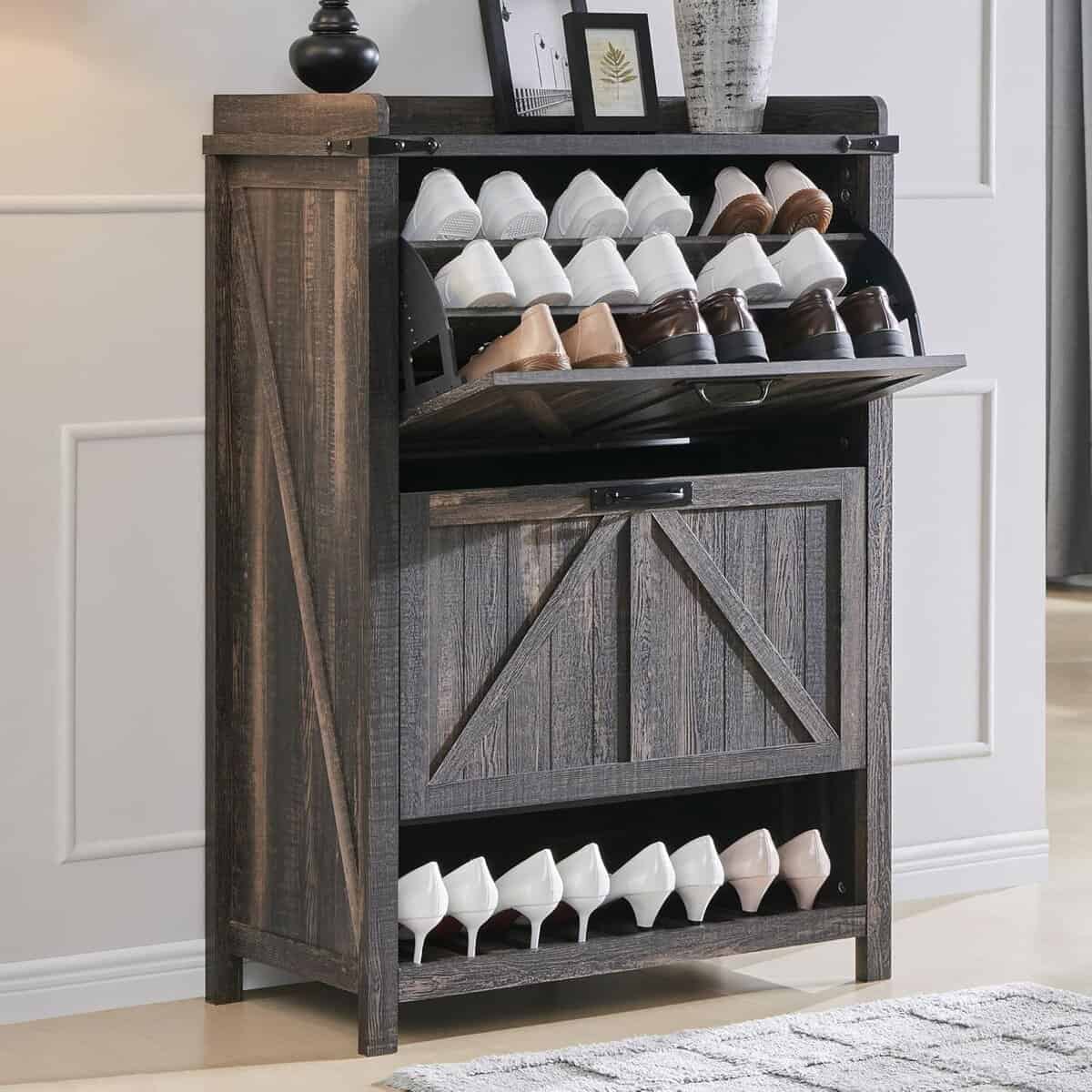 T4TREAM Farmhouse White Shoe Cabinet with Flip Drawers