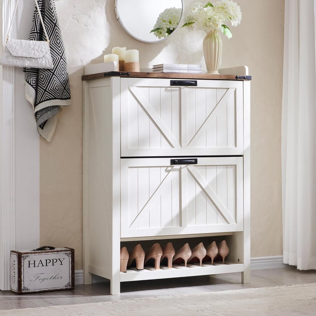 T4TREAM Fluted Antique White Flip‑Drawer Shoe Cabinet