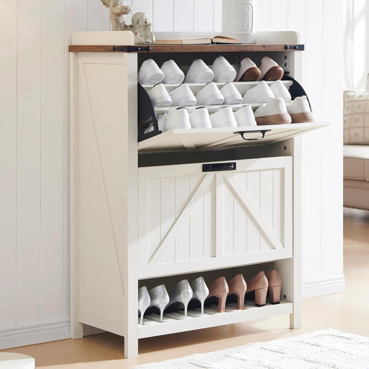 T4TREAM Fluted Antique White Flip‑Drawer Shoe Cabinet
