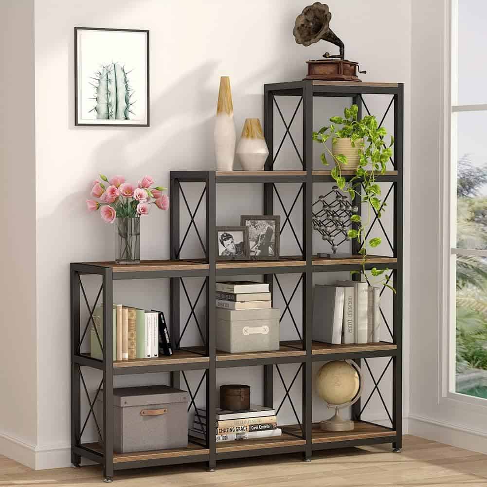 tribesigns-12-shelf-industrial-ladder-corner-bookshelf