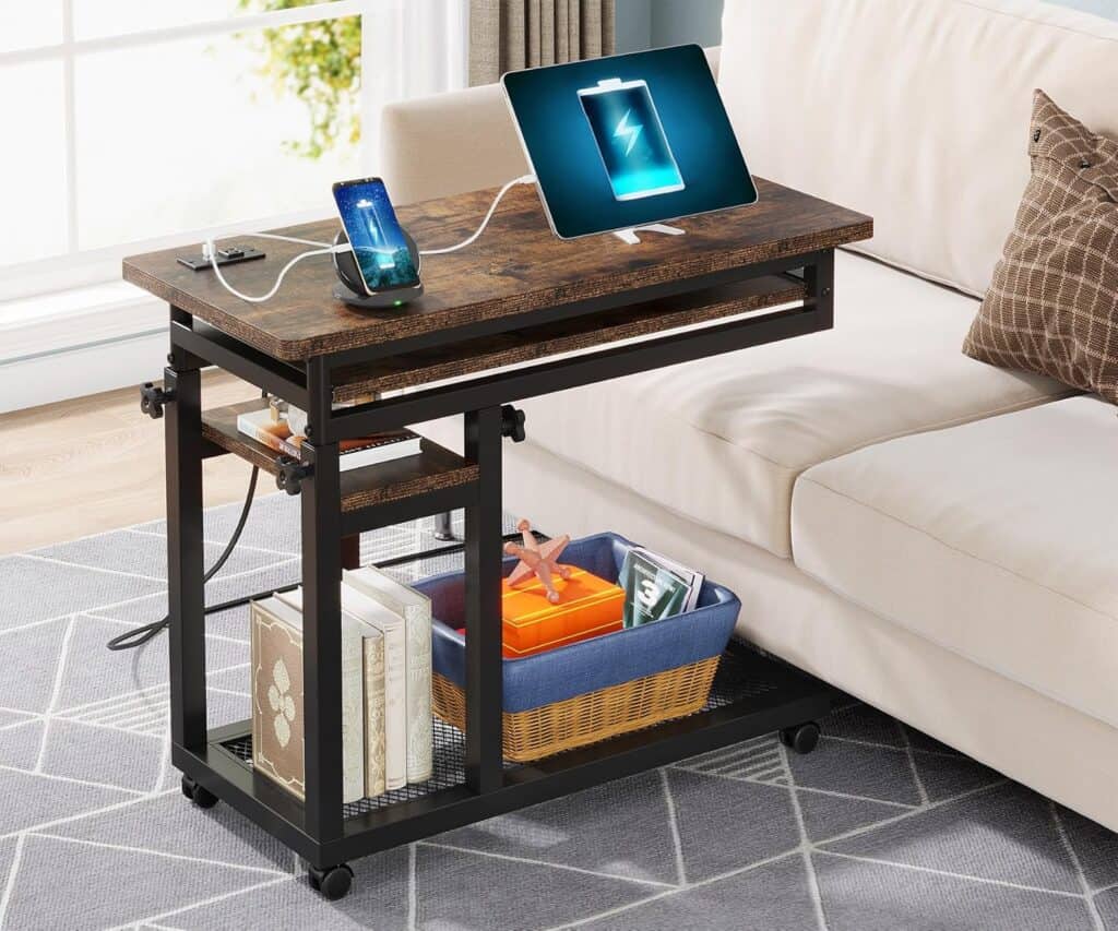 The Tribesigns 32-Inch Height Adjustable Portable Desk is stationed next to a couch