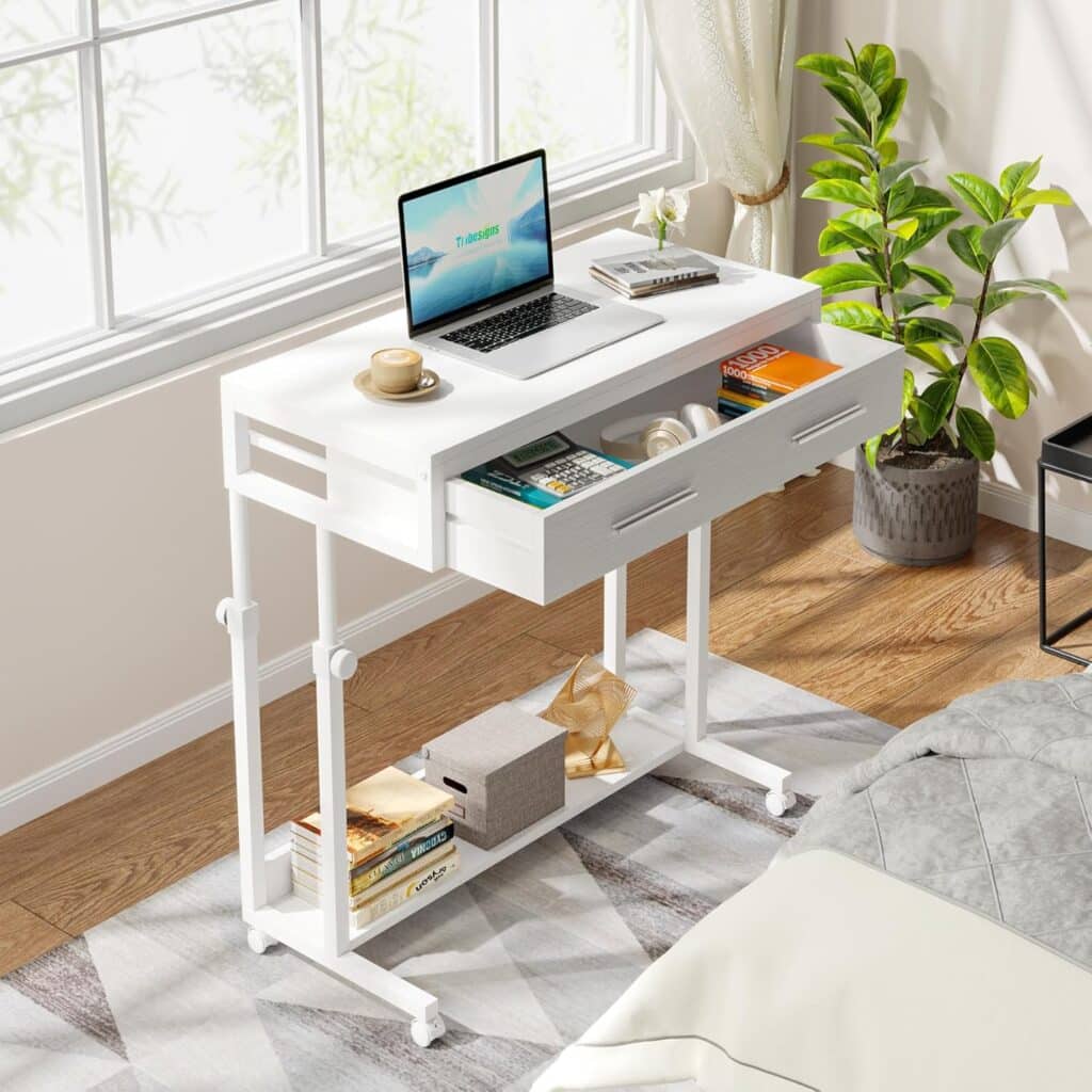Tribesigns 32-Inch Height Adjustable Portable Desk with white finish and open drawers