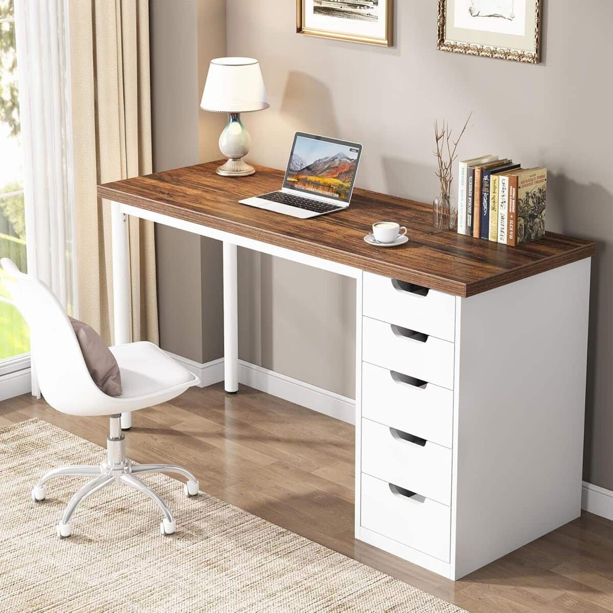tribesigns-47-computer-desk-with-5-drawers-rustic-brown-reversible-storage