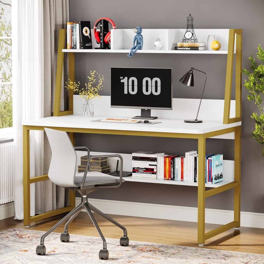 tribesigns-47-inch-computer-desk-with-gold-frame-hutch-bookshelf-and-space-saving-design-for-home-office