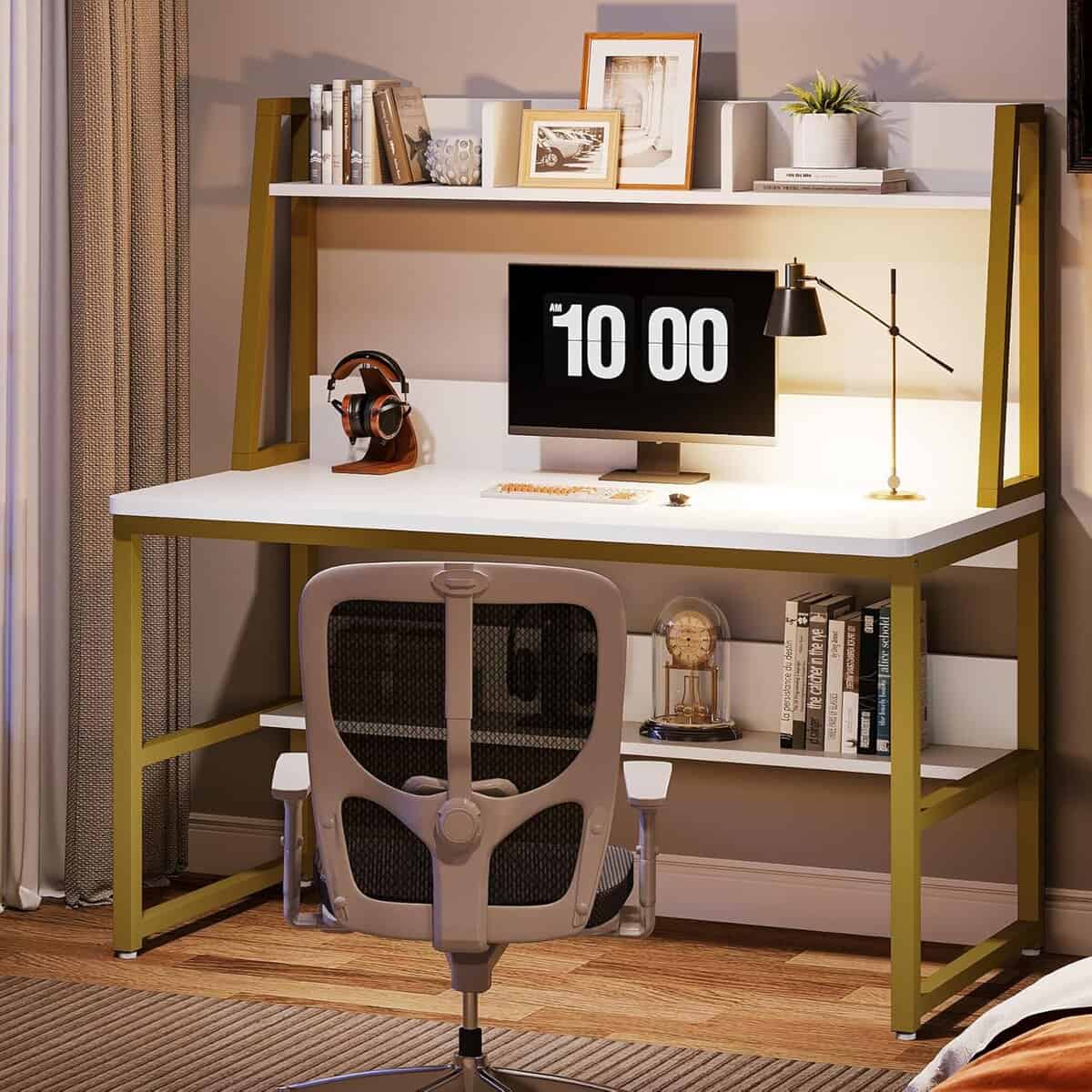 tribesigns-47-inch-computer-desk-with-gold-frame-hutch-bookshelf-and-space-saving-design-for-home-office