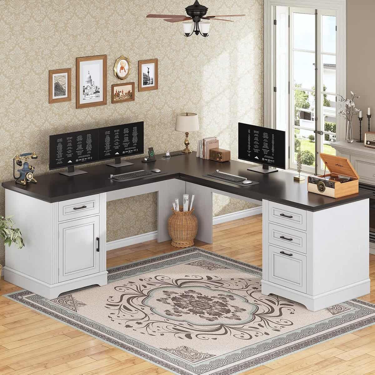 SEDETA 5-Tier Farmhouse L-Shaped Desk with Drawers