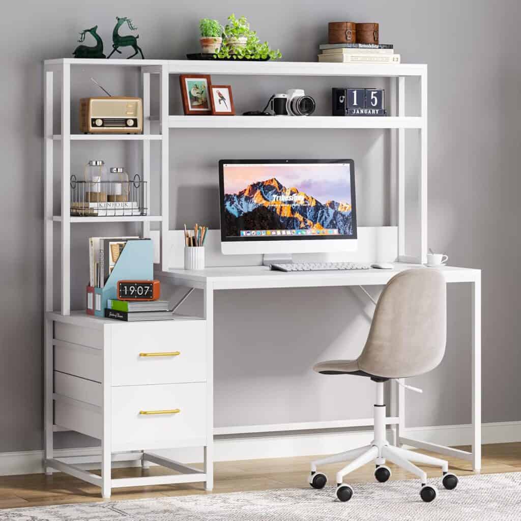 tribesigns-55-computer-desk-with-hutch-2-drawers-white-home-office-desk
