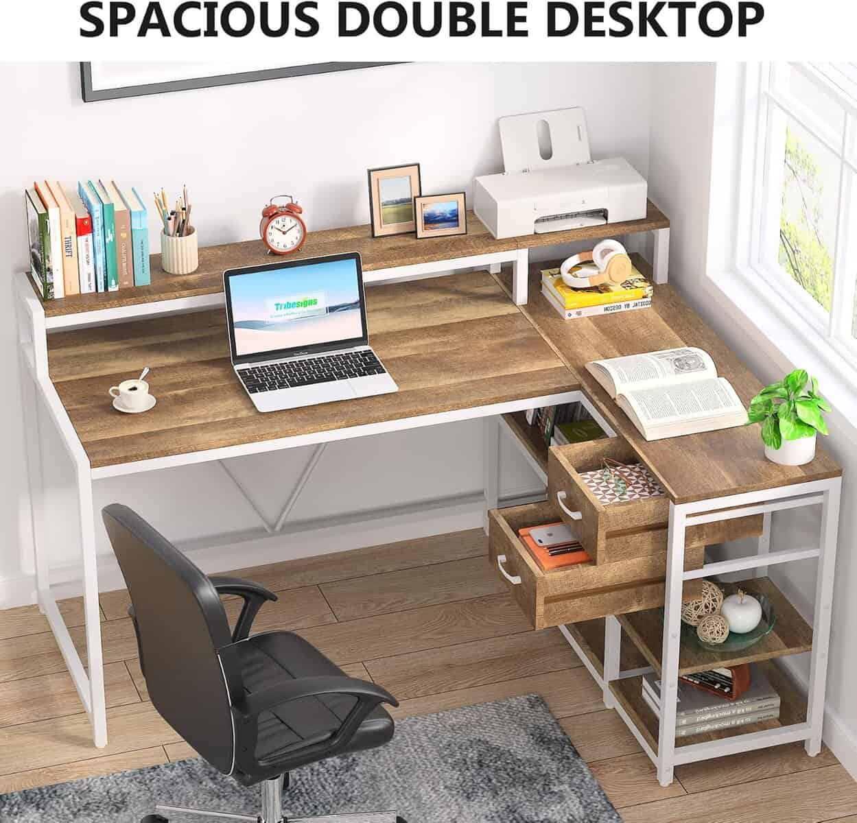Tribesigns 55" L-Shaped Desk with Drawers & Monitor Stand