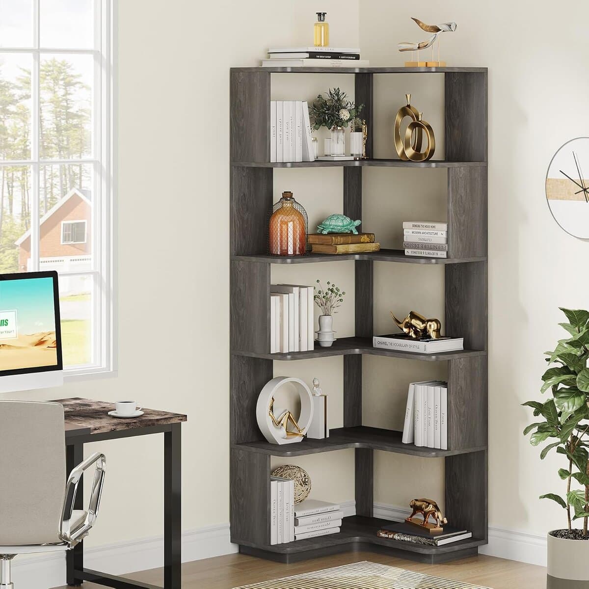 Tribesigns 6-Tier Corner Bookshelf, 64.9" Corner Bookcase 