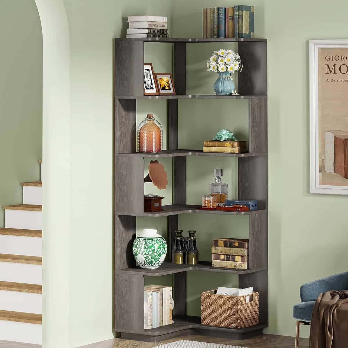 Tribesigns 64.9-Inch Grey 6-Tier Corner Bookshelf
