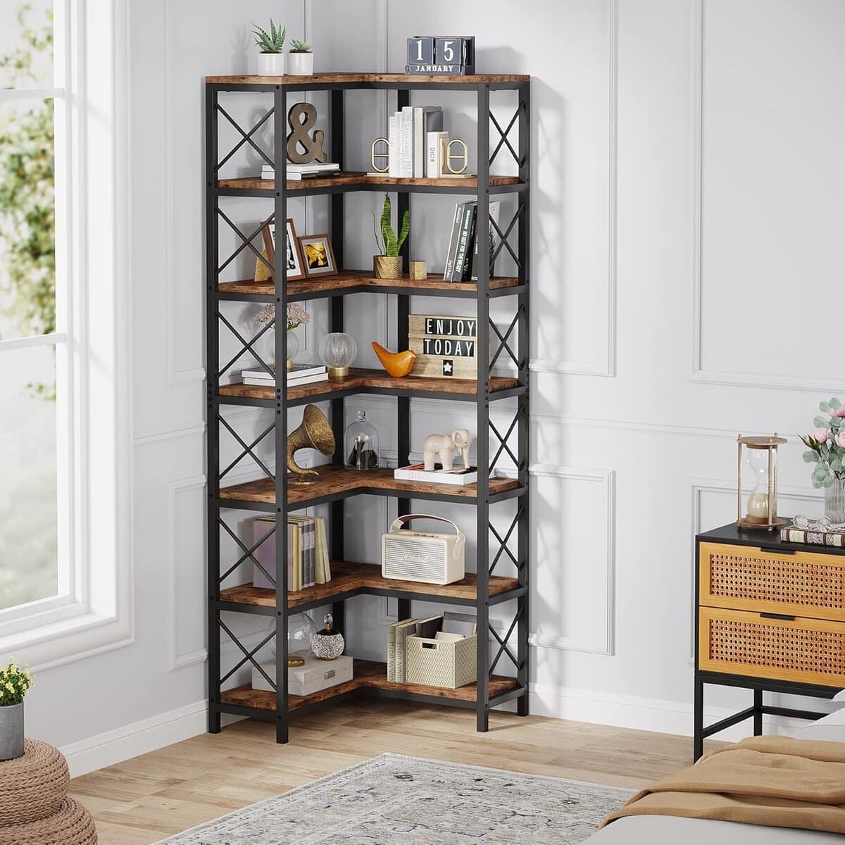 Tribesigns 7-Shelf Corner Bookshelf, Large Modern Bookcase
