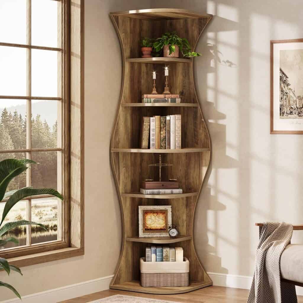 Tribesigns 73.2″ Tall Farmhouse Corner Bookcase Brown