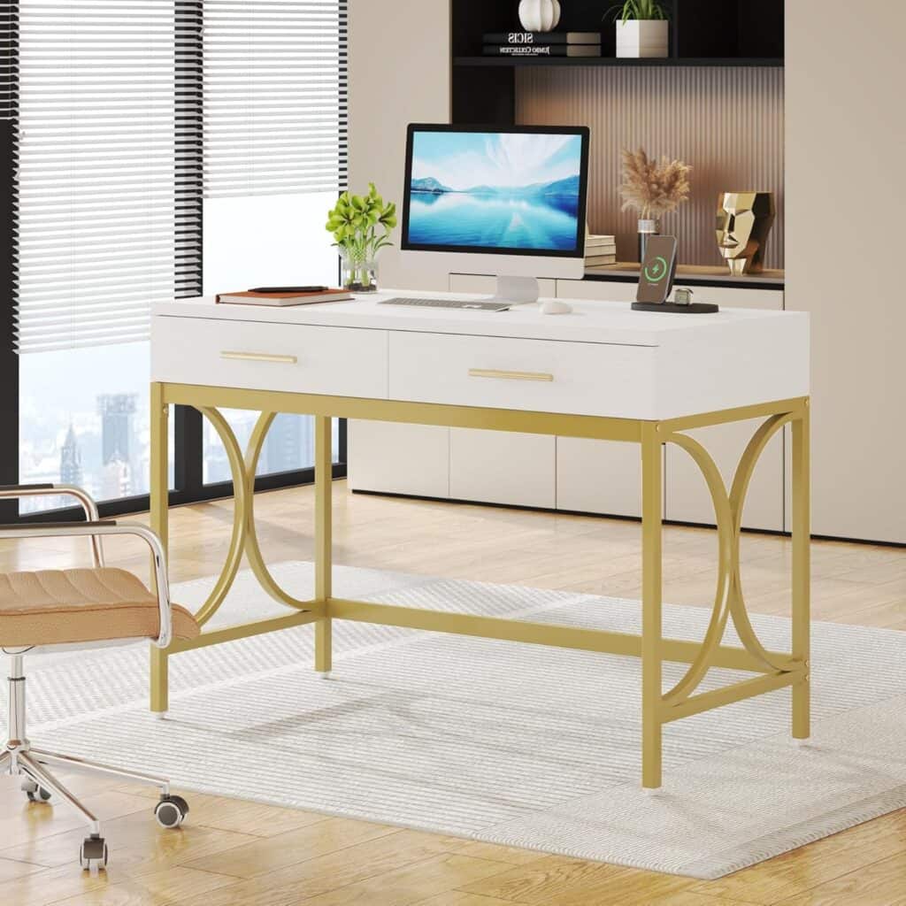 Tribesigns 41" White & Gold Desk with 2 Drawers