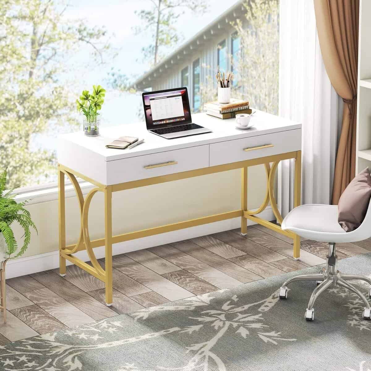 Tribesigns 41" White & Gold Desk with 2 Drawers